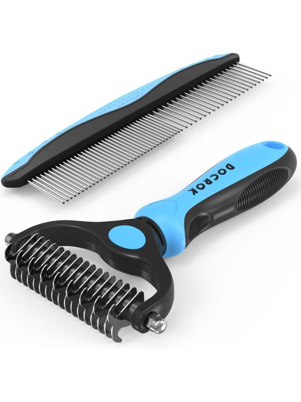 Pet Grooming Combo Set - Blue Deshedding Brush & Metal Comb for Long Fur Care